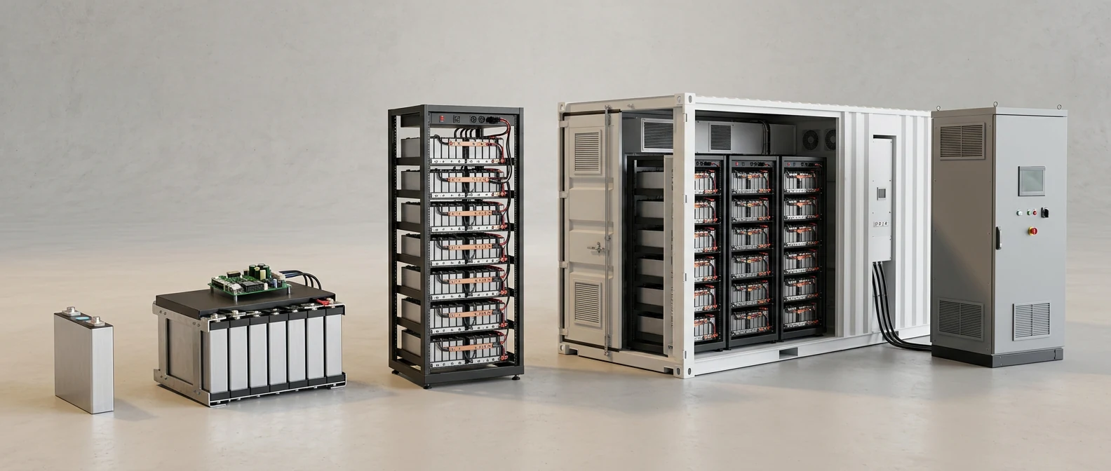 立体示意，由左到右越来越大：一颗方形电芯、一组电芯排成的模组（上方装着绿色电池管理板）、叠满模组的电池柜、一侧打开露出多座电池柜的白色集装箱，以及集装箱旁的灰色变流器机柜