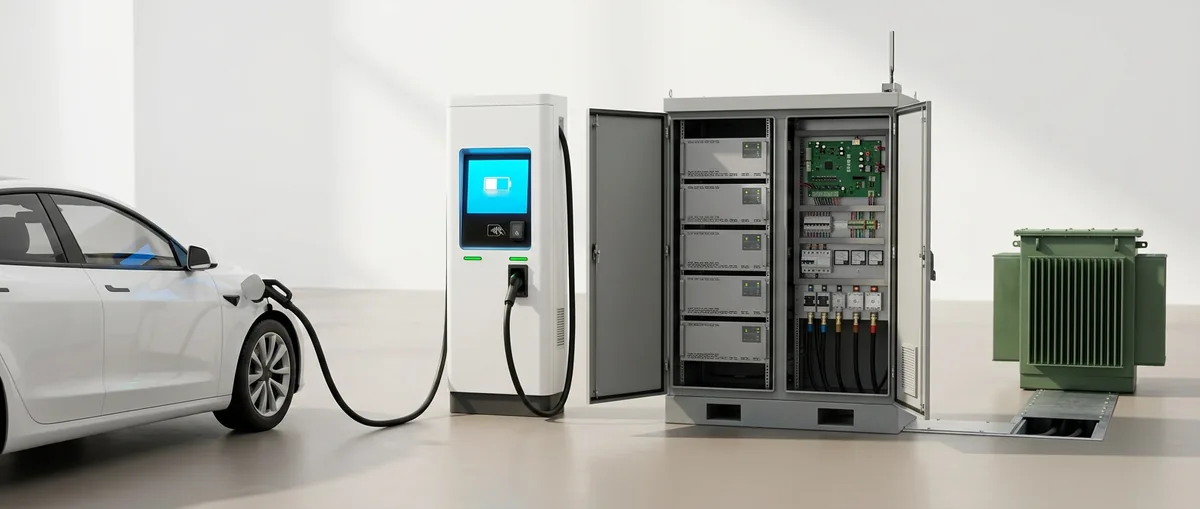 立體示意：白色電動車接著黑色粗充電線，連到白色直流快充樁，樁上有藍色觸控螢幕與刷卡區；旁邊灰色機櫃門打開，左半邊疊著五個電源模組，右半邊上方一塊綠色控制板、下方一排開關與電表，機櫃頂端有通訊天線；最右邊是一台綠色配電變壓器