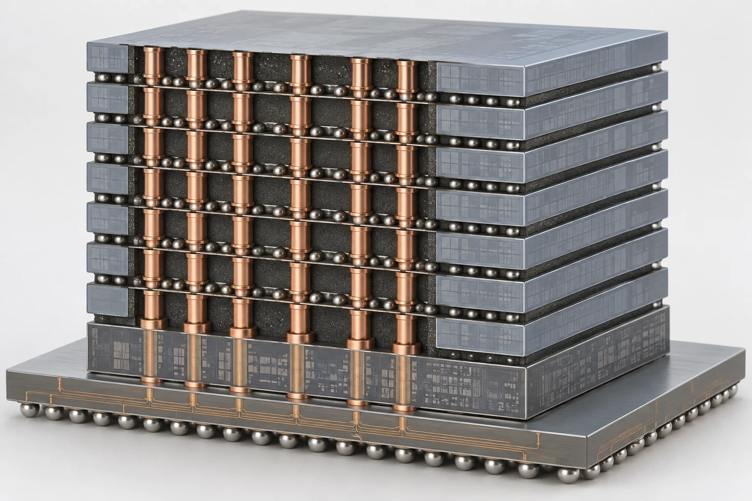 一叠 HBM 的剖面示意：底层是基底芯片，上面 8 层 DRAM 晶粒，硅穿孔垂直贯穿，层与层之间是微凸块
