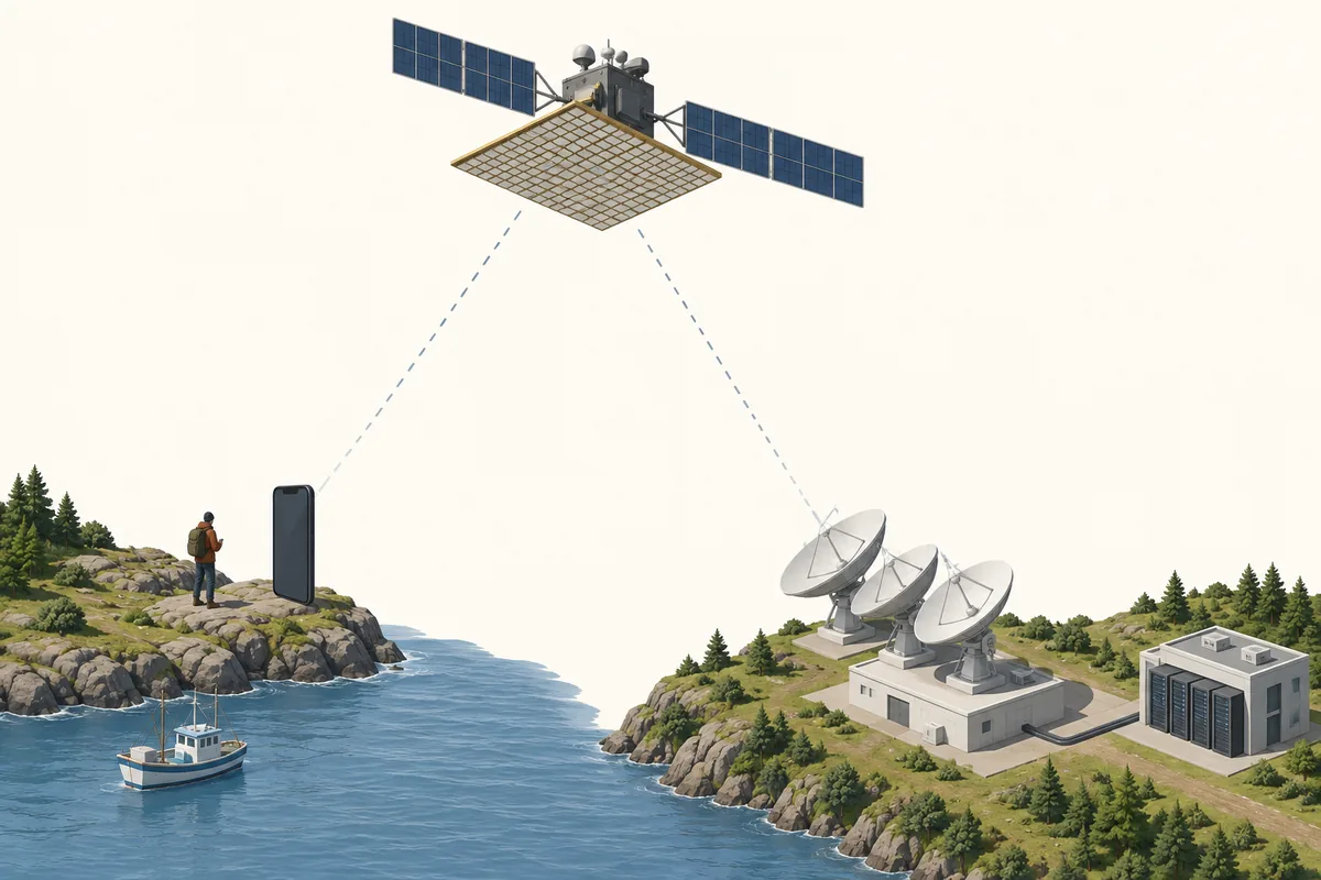 衛星直連示意：上方一顆低軌衛星，身體下方掛著一大片方格狀的平板天線，兩側是太陽能板；左下海邊山坡上一支放大的手機和一位登山客，海上一艘漁船；右下是三座白色碟形天線的地面站，用管線接到一棟機房