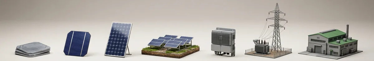 立體示意，由左到右：一疊矽晶圓、一片深藍色電池片、一片直立的模組、草地上兩排斜放的模組、有散熱鰭片的逆變器、升壓變電設備與輸電鐵塔、一座綠色屋頂的工廠