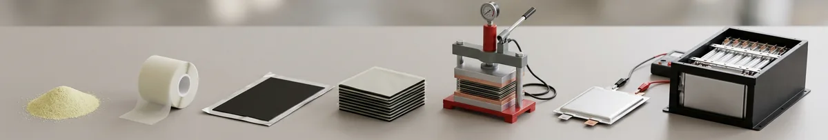 立體示意，由左到右：一堆淡黃色電解質粉體、一捲半透明薄膜、一片塗好黑色電極的鋁箔、一疊交錯的極片與薄膜、熱壓機夾著疊層、夾著測試線的軟包電芯、裝滿電芯的電池模組